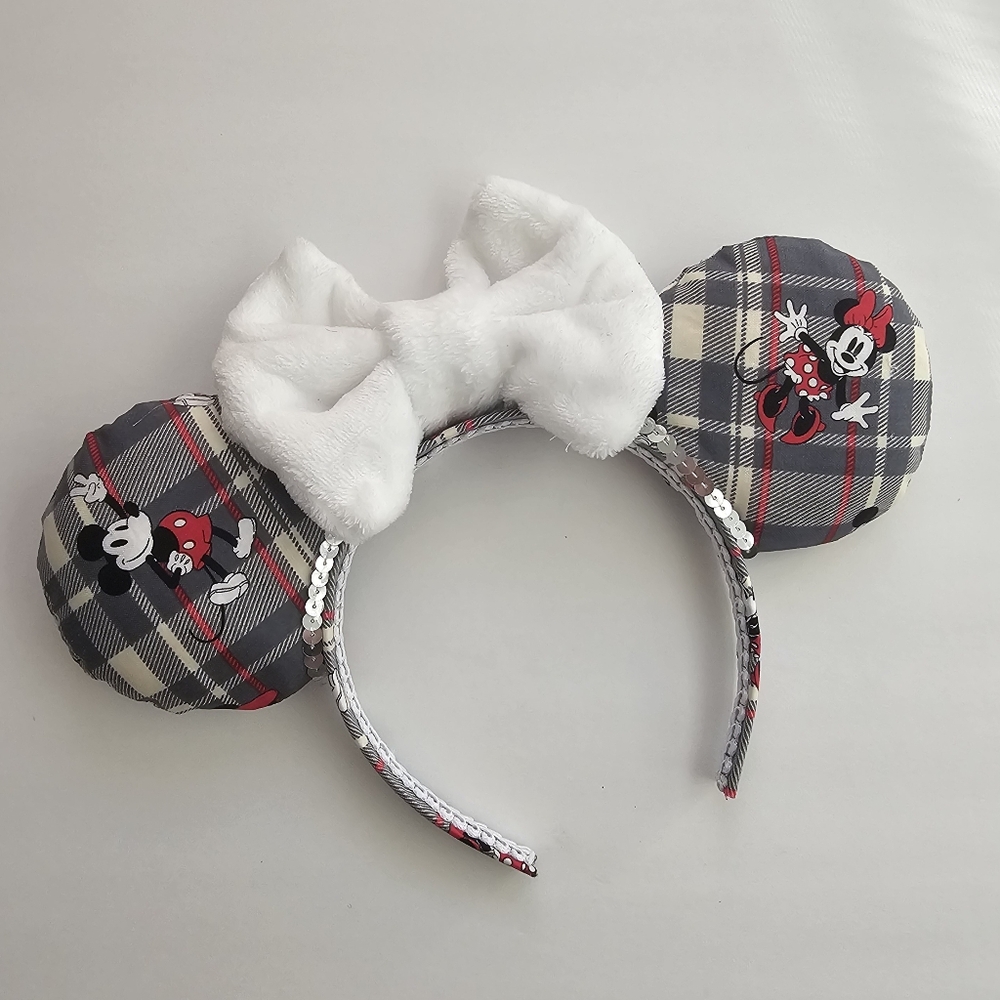 Plaid Mickey Mouse Ears Headband with White Bow